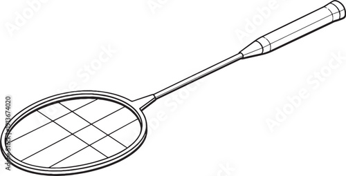 Badminton Racket Isometric View Black and White Line Art
