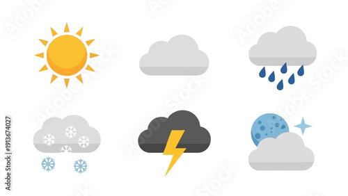 Weather Icons: Sun, Clouds, Rain, Snow, Thunderstorm, Night Sky