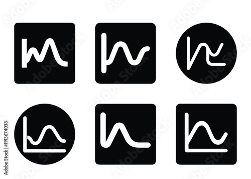 Six variations of abstract chart icons showing fluctuations and trends analysis