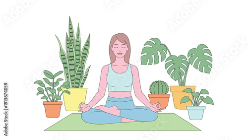 Woman meditating in lotus pose surrounded by houseplants, calm and serene