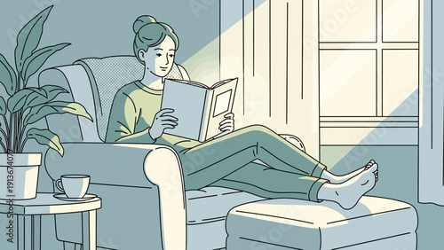 Woman Reading Book in Cozy Armchair with Sunlight and Coffee