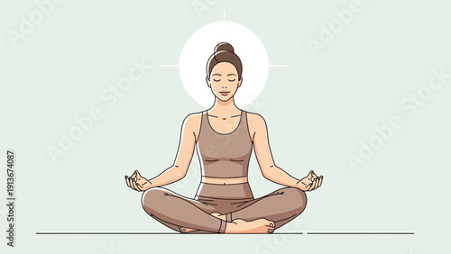 Woman meditating in lotus pose, practicing yoga for peace and mindfulness, calm serene expression.