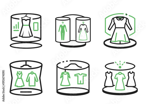 Stylized representation of clothes on display in futuristic retail setting icons