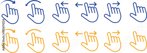 Swipe motion collection icons, user experience scrolling symbols, minimalist hand slide design,  minimalist technology and touch system design elements.
