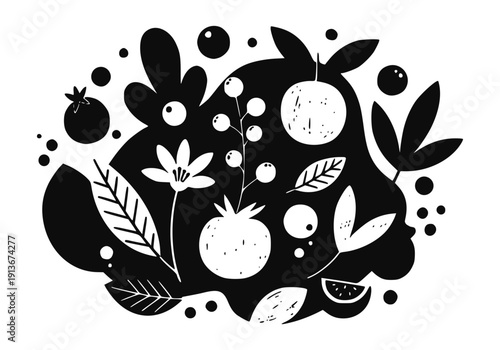 Kombucha Themed Vector Illustration: Rustic Hand-Drawn Doodle of Organic Fermented Tea Ingredients, Folk Art Botanical Flower, Fruits Drawing, Minimalist Black Graphic Design Element