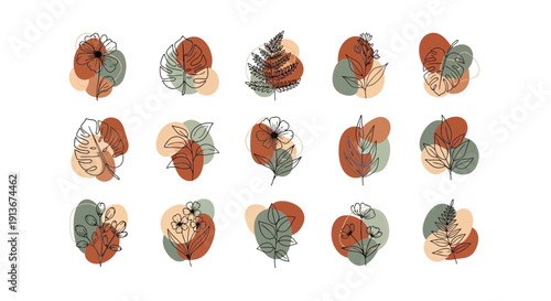 Collection of 15 minimalist line art illustrations of leaves and flowers with abstract color blobs