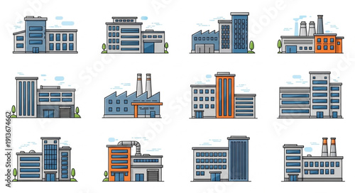 Collection of modern office buildings and industrial factories.