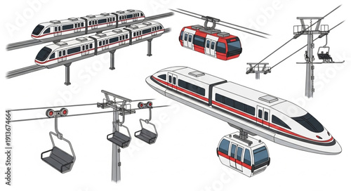 Collection of modern public transportation systems and vehicles.