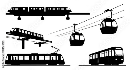 Collection of modern public transportation vehicle silhouettes.