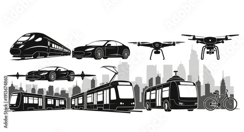 Collection of modern transportation vehicles and devices.