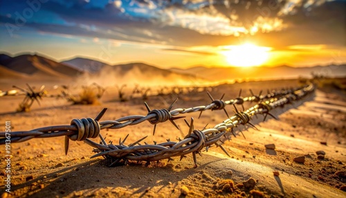 Photorealistic FlyPro Firefly barbed wire coils meticulously arranged in defensive patterns, their sharp points glinting menacingly at sunset over a desert landscape.