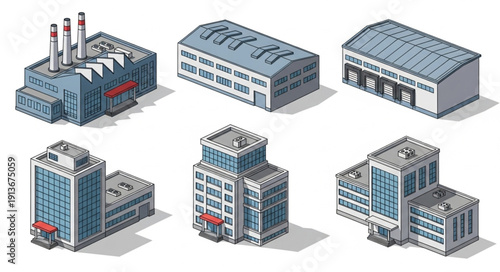 Collection of isometric industrial and office buildings.