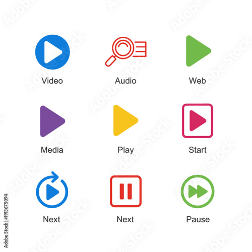 Multimedia control icons displayed in a grid layout on a digital interface