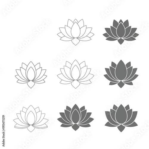 Collection of lotus flower icons in various design styles and shading techniques displayed on a gradient background