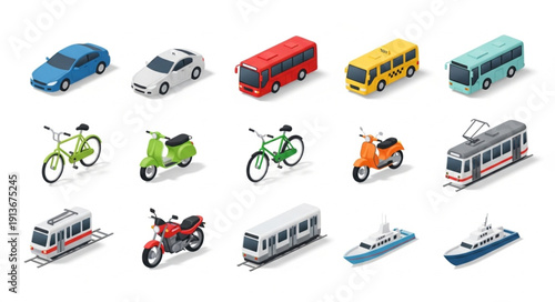 Collection of isometric transportation vehicles and modes of travel.