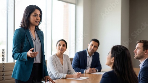 Confident Indian female leader speaking to diverse team in modern meeting room, professional atmosphere with attentive colleagues and natural light