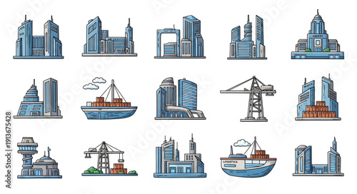 Collection of Modern City Buildings and Industrial Cranes.
