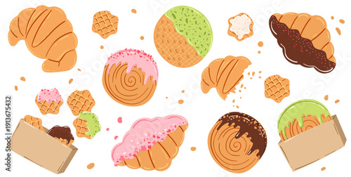 Cute bakery pastry vector set with croissant, waffle and sweet desserts, flat cartoon bakery collection for branding and packaging