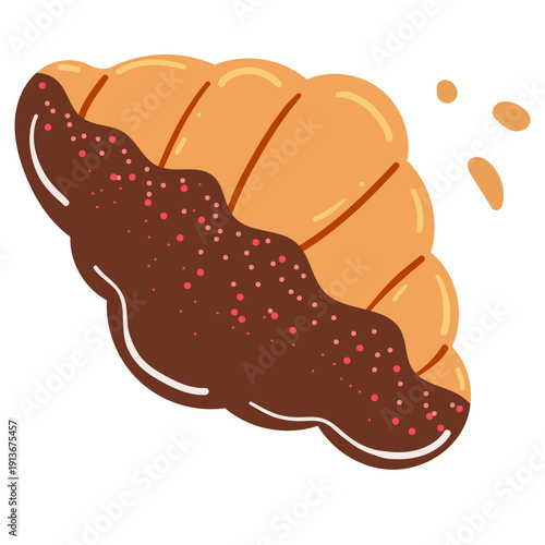Cute flat bakery croissant with chocolate glaze vector illustration, trendy pastry dessert isolated on white background