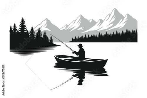 fishing boat silhouette and mountain