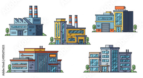 Collection of modern industrial factory buildings and offices.