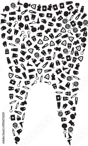 Collection of dental icons and symbols, including tooth, dentist, drill, X-ray, and smile, representing oral hygiene and care