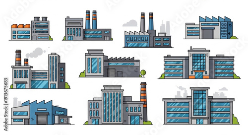 Collection of modern industrial factory buildings and plants.