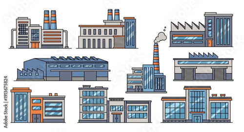 Collection of modern industrial factory buildings and structures.