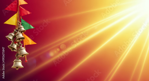 Chaitra Navratri Banner with Temple Bells and Flags