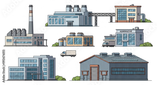 Collection of modern industrial factory buildings and structures.
