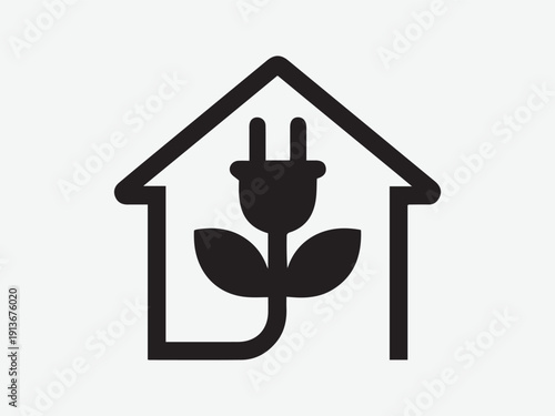 A black and white logo of a house with a plug and a plant growing out of it