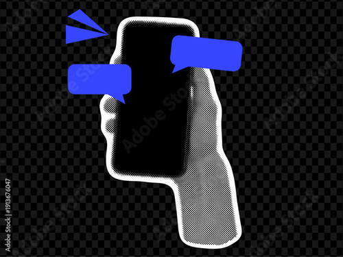 Hands with phone, halftone collage paper cutout. Speech bubbles, decorated with doodle elements. Chat correspondence