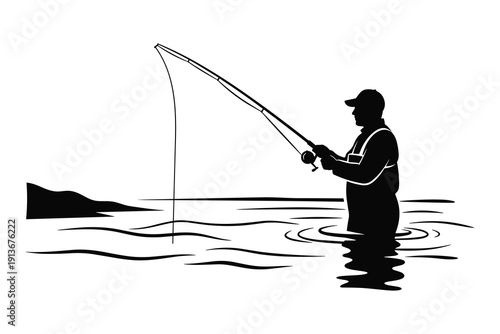 silhouetted anglers casting fishing rods into a calm water body