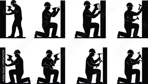 Construction workers silhouettes with hard hats, drilling and hammering on walls, manual labor poses, infrastructure development vector illustration, industrial workforce teamwork concept
