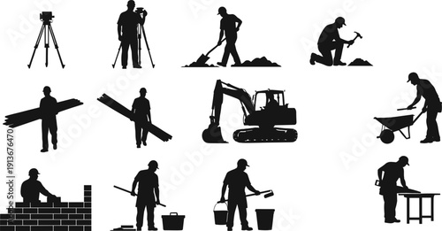 Construction workers silhouettes with tools, shovel, wheelbarrow, surveyor tripod,llustration
