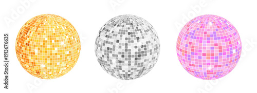 Disco ball set, shiny party mirror glowing party decorations. Gold, pink and silver colors. Glossy discoball in 70s 80s retro style. Party, music, 