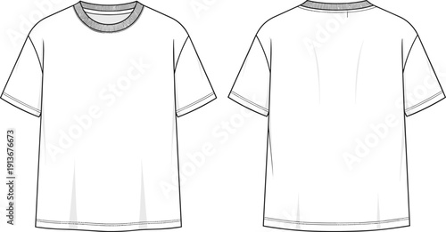 Front and back short sleeve crew neck t shirt technical fashion illustration with ribbed collar mockup