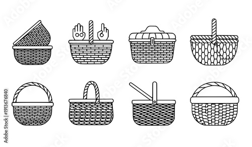 Wicker basket outline icon set vector for web design
