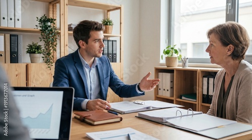 Young financial advisor meeting with client in office discussing investment plan and attentive service, professional consultation with documents and folders on wooden desk