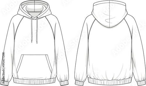 Front and back pullover hoodie technical fashion illustration with raglan sleeves, drawstring hood, ribbed cuffs hem and pocket mockup