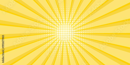 Yellow art abstract background with light of sunburst. yellow starburst with halftone. sun ray retro background with flash simple