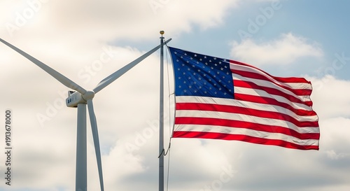 American flag waving on wind turbine background celebrating 4th of july and labor day