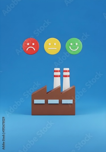 Industrial Environmental Rating: 3D factory building with emoji feedback icons, pollution control, factory sustainability, eco friendly industry, corporate responsibility concept