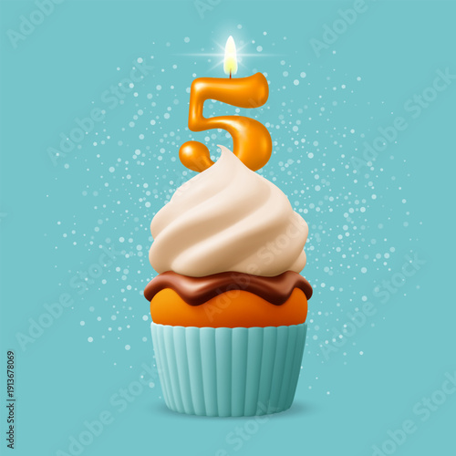Cupcake with cream and glowing number five candle on turquoise background. 5th Anniversary, five year birthday celebration, jubilee, festive milestone moment concept. 3D Isolated vector illustration