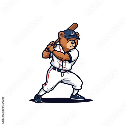 Cartoon Bear Baseball Player Swinging Bat Ready to Hit Ball.