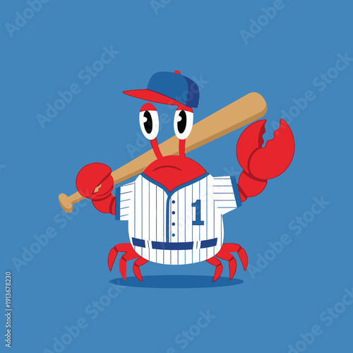 Cartoon Crab Baseball Player Holding Bat Ready to Swing.