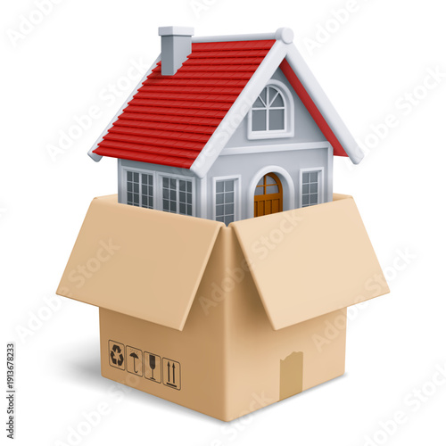 Package with house. Moving, relocation concept. Purchase of real estate, turnkey renovation. 3D realistic cardboard delivery box with home inside. Moving day. Isolated vector illustration
