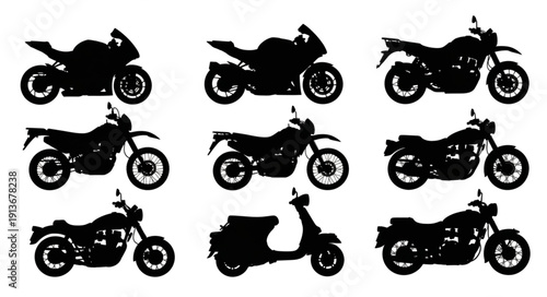 Collection of motorcycle and scooter silhouettes on white background.