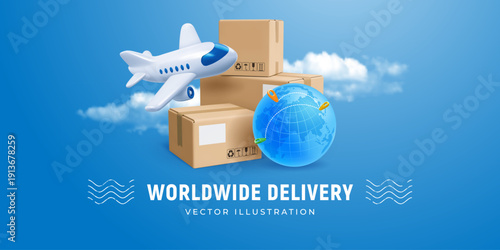 Fast, express delivery, airmail concept. Worldwide delivery conceptual banner template. Cardboard boxes, parcels, with blue Earth globe and flying plane. Transport logistics. 3d vector illustration