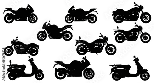 Collection of Motorcycle Silhouettes Isolated on White Background.